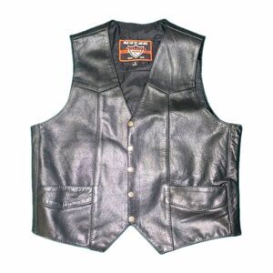 Vintage Interstate Leather Biker Vest Mens Large Black Snap Front Motorcycle Cut